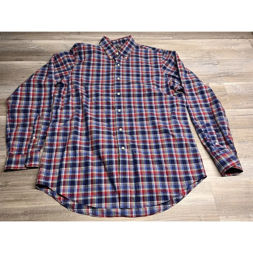 Polo Ralph Lauren Button Down Shirt Sz L Classic Red Blue Plaid Americana Preppy